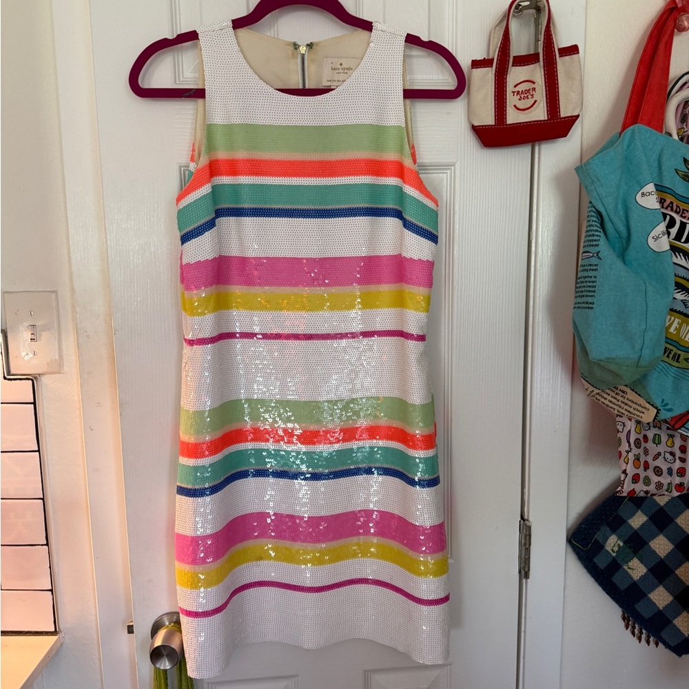 kate spade White Multicolor Sequin Stripe Shift Dress